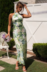 Gill Printed Halterneck Backless Satin Midi Dress-Sunfere